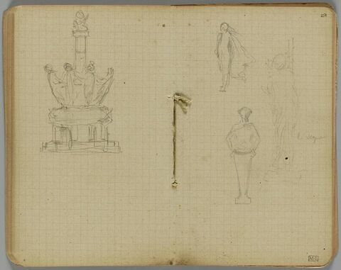 Trois croquis de figures dont un adossée à une colonnette avec annotation manuscrite : la vigne, image 1/1