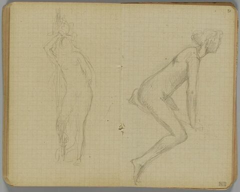 Femme nue, assise à califourchon sur une planche, de profil à droite, image 1/1