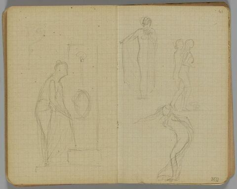 Trois croquis. Femme nue debout, retenant une draperie, deux femmes nues avançant vers la droite ; femme nue, cheveux au vent, le profil à gauche, courbée en avant