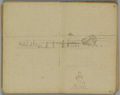 Croquis de paysage avec un bateau échoué au bord de l'eau et rangée de piquets (le dessin se poursuit sur le folio 42 verso). Petit croquis de figures