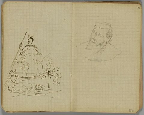 Croquis d'une femme assise dans une barque, une couronne sur la tête, tenant une lance, image 1/1