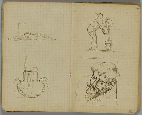 Deux croquis. Une femme nue remplissant un seau et tête d'homme barbu, de trois quarts à gauche, dans un encadrement