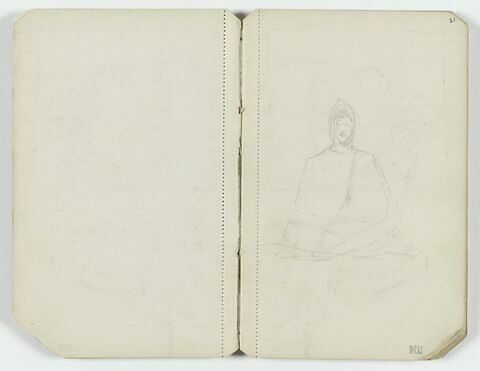 Personnage vêtu d'une cape avec capuchon, assis, en tailleur de face, dans une ébauche de paysage, image 1/1