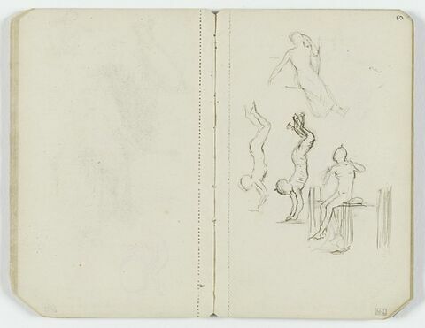 Quatre croquis de figures dont deux acrobates, debout sur les mains, femme assise et figure assise sur une table, image 1/1