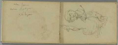 Buste d'homme moustachu, de face et deux croquis de femme nue, dansant ou sautant, image 1/1