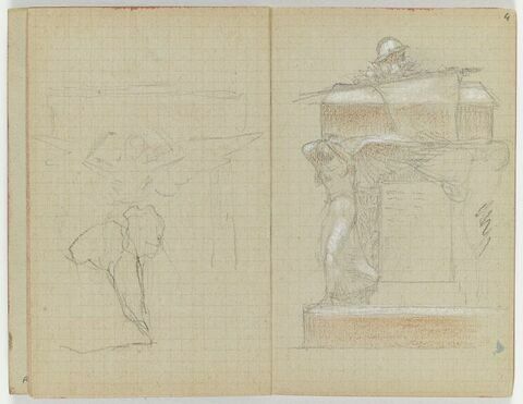Etude pour un monument funéraire avec deux figures ailées soutenant un cerceuil surmonté d'un casque et d'une lance posés sur un drapeau