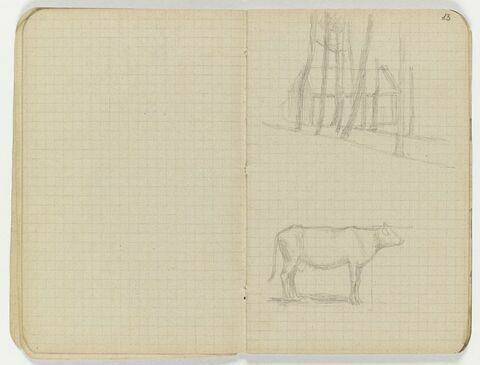En haut, maison à travers les arbres ;  en bas, vache de profil à droite, image 1/1