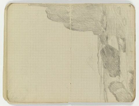 Rochers au bord de l'eau au pied de falaises (le dessin se poursuit sur le folio 19 recto), image 1/1