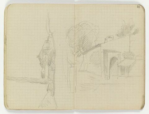 Arbres derrière un grand mur avec à l'arrière une petite porte sous un auvent (le croquis se poursuit sur le folio 34 verso), image 1/1