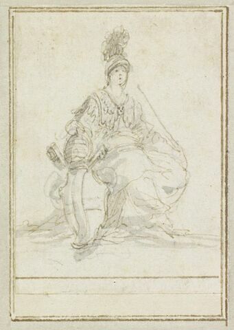 Projet de cartes à jouer : Femme assise, casquée, tenant un sceptre ; à ses pieds, un bouclier et une couronne papale, image 1/1