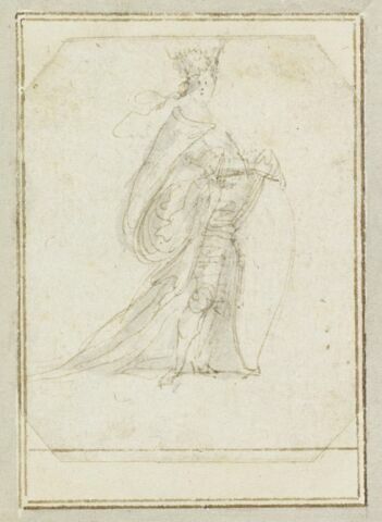 Projet de cartes à jouer : Femme debout portant un turban à aigrette et tenant un bouclier