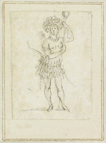 Projet de cartes à jouer : Femme de face, coiffée de plumes, portant un carquois