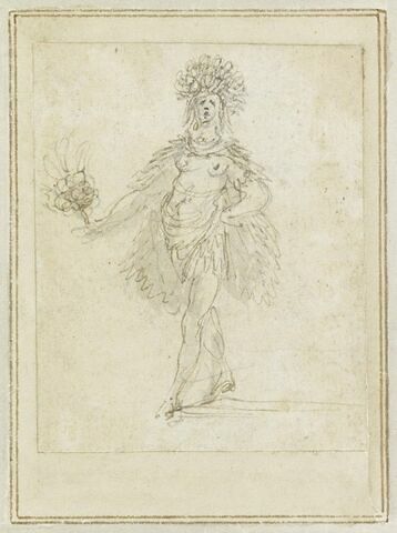 Projet de cartes à jouer : Femme de face, coiffée de plumes, tenant un plumet