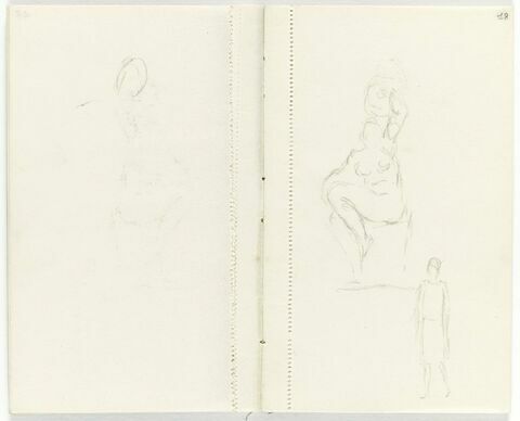 Croquis d'une femme nue assise, de trois quarts à gauche et petit personnage debout, de trois quarts à gauche, image 1/1