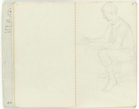 Jeune homme assis sur un tabouret, de trois quarts à gauche, dessinant, image 1/1