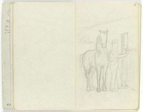 Homme attachant un cheval à une barrière et ébauche d'un paysage, image 1/1