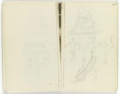 En haut, femme nue accroupie, de trois quarts à gauche ; en bas, femme nue de dos, de trois quarts à droite, le pied gauche, sur une pierre, petit croquis d'une femme nue de face, bras écartés et femme nue assise, de trois quarts à gauche, genou droit replié (la tête n'est pas dessinée), image 1/1
