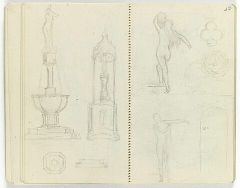 Deux croquis de femmes nues, l'une de dos tenant un vase, l'autre de face, tenant un voile et motifs décoratifs