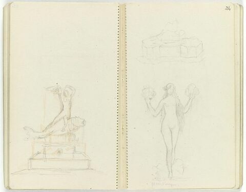 En haut, croquis d'une base pour un groupe sculpté ; en bas, femme nue, de face, tenant des fleurs, image 1/1