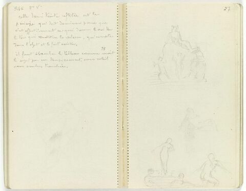 En haut, figure allongée sur un rocher et autres figures à ses pieds ; en bas, trois petits croquis de figures, dont l'une debout dans une barque, image 1/1