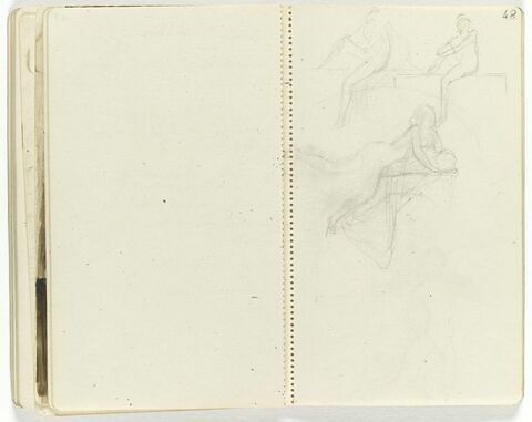 En haut, deux croquis de figures assises, de trois quarts à gauche, jambe droite repliée ; au-dessous, figure féminine allongée sur le ventre, image 1/1