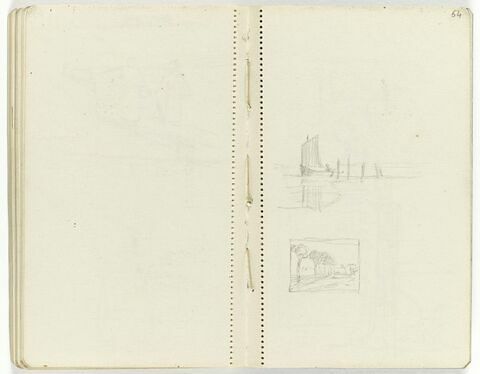 Au centre, bateau près de piquets ; en bas, petit croquis de paysage dans un encadrement, image 1/1