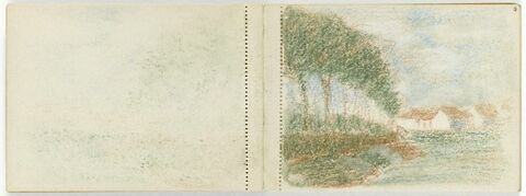 Paysage avec allée d'arbres à gauche et maisons dans le fond, image 1/1