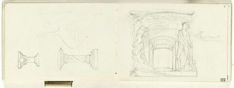 Deux croquis de fonts baptismaux (?) et très léger croquis d'une silhouette accroupie, image 1/1