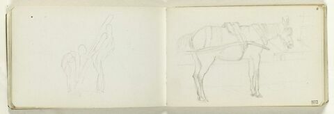 Croquis de deux figures de profil à droite, de part et d'autre d'une planche dressée légèrement inclinée vers la droite, image 1/1