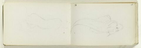 Léger croquis inachevé d'une silhouette vue à mi-jambes, de profil à droite, image 1/2