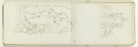 Projet pour une composition dans un encadrement cintré avec à gauche, une figure debout au pied d'un buste sur un socle et en bas à droite une figure étendue à demi sur le sol (le haut du dessin est tracé sur le folio 23 recto), image 1/1