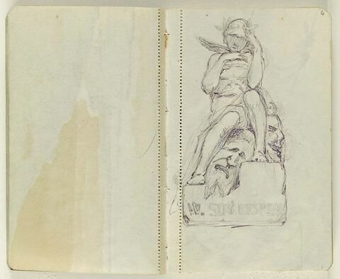 Projet de monument à Shakespeare avec figure ailée pensive, la tête laurée, assise sur un rocher avec deux masques à ses pieds. Annoté sur la base : W. SCHAKESPEA[RE], image 1/1
