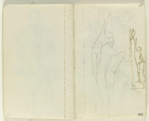 Trois croquis de figures nues, sur la pointe des pieds, l'une debout le long d'une colonne le bras gauche tendu vers une urne, image 1/1