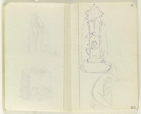 En haut, projet pour une fontaine avec figure accroupie entre les colonettes ; en bas, croquis d'une figure accroupie, de profil à droite, image 1/1