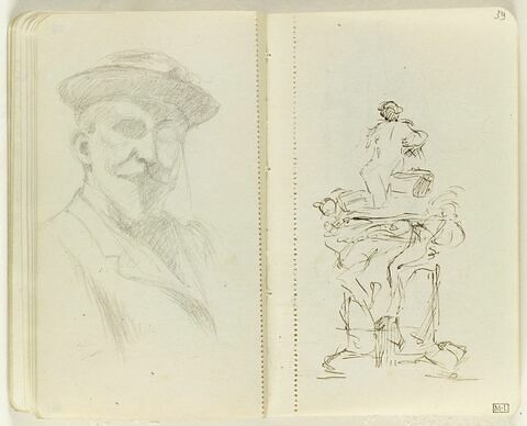 Homme barbu et moustachu, à mi-corps, de trois quarts à droite, la tête coiffée d'un chapeau, un monocle à l'oeil gauche