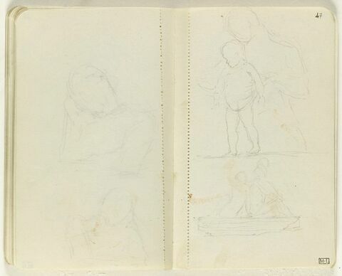 Croquis d'une femme avec enfant, marchant vers la gauche ; en bas, croquis de deux figures nues assises sur un rocher