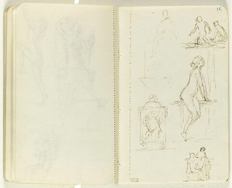 Cinq croquis dont deux figures dans l'eau, femme nue assise près d'une balustrade et en haut, silhouette inachevée, image 1/1