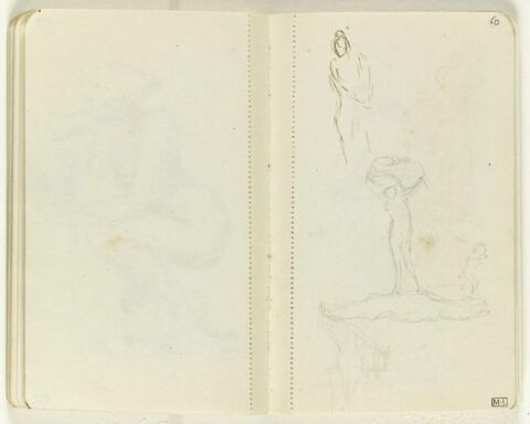 Au centre, figure nue portant sur la tête un ballot (?) et petit croquis d'un enfant à droite ; deux croquis de figures inachevés et croquis imperceptible d'une figure, image 1/1
