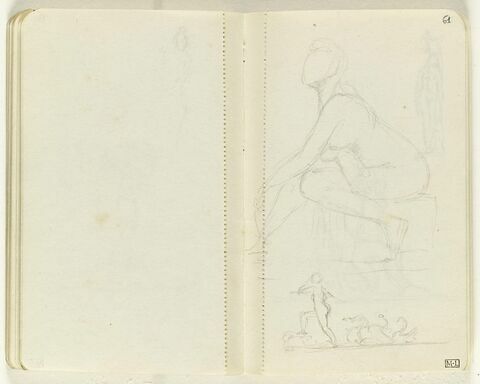 Femme nue, assise sur une pierre, de profil à gauche. En bas, petit croquis d'une figure nue, avançant vers la gauche, suivie de quatre cygnes