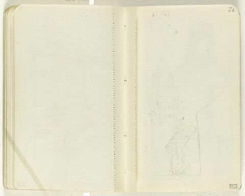 Petit croquis de deux figures regardant un mur, de profil à droite. Tracé d'un plan (?), image 1/1