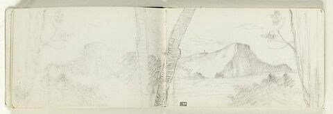 Paysage avec une montagne au fond et arbres au premier plan (le dessin se poursuit sur le folio 5 recto, dépose du dessin sur le folio 4 verso), image 1/1