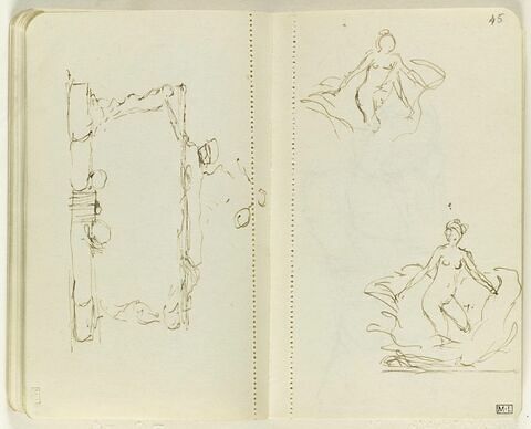 Deux croquis d'une figure féminine nue sortant d'une coquille, image 1/1