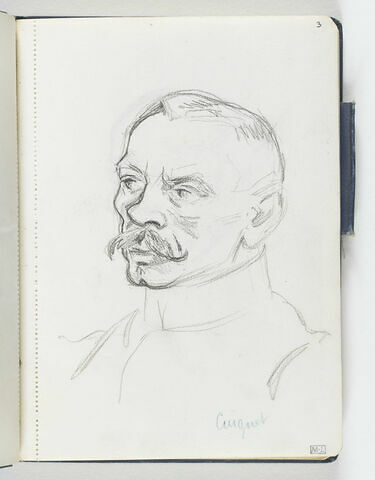 Homme vu en buste, de trois quarts à gauche, le front dégarni, avec moustaches