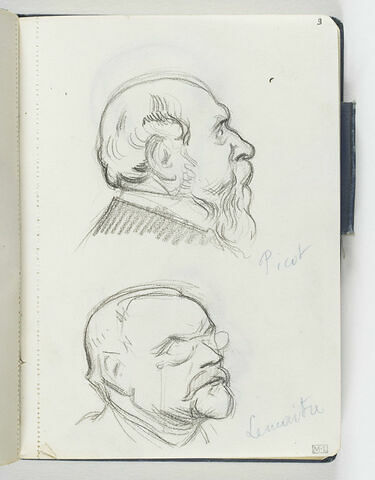 En haut, tête d'homme âgé, avec barbe et favoris, le front dégarni, de profil à droite. En bas tête d'homme avec petite moustache, barbiche et petites lunettes, de trois quarts à droite