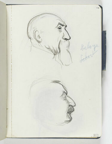 En haut, tête d'homme âgé, de profil à droite. En bas, croquis inachevé d'une tête d'homme au nez busqué avec moustache, de profil à droite