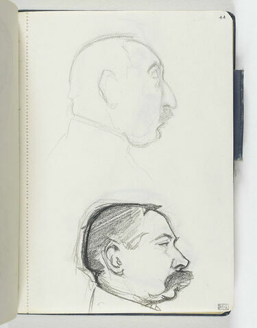 Croquis inachevé d'une tête d'homme chauve, avec petite moustache, de profil à droite. En bas, tête d'homme de profil à droite, avec grosse moustache