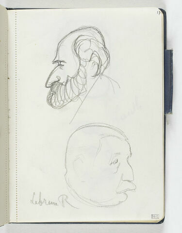 En haut, tête d'homme avec barbe et favoris, de profil à gauche. En bas, croquis inachevé d'une tête d'homme moustachu, de trois quarts à droite