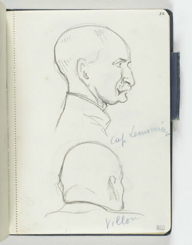 En haut, tête d'homme chauve, avec petite moustache, de profil à droite. En bas, croquis inachevé d'une tête d'homme, de dos, de trois quarts à droite, image 1/1