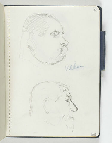 En haut, tête d'homme aux joues pendantes, moustachu, de profil à droite. En bas, croquis inachevé d'une tête d'homme, de profil à droite, image 1/1