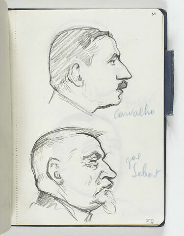 En haut, tête d'homme moustachu, de profil à droite. En bas, tête d'homme avec petite barbe, de profil à droite, image 1/1
